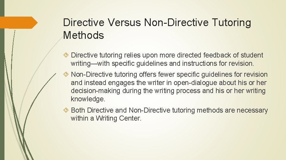 Directive Versus Non-Directive Tutoring Methods Directive tutoring relies upon more directed feedback of student Directive Versus Non-Directive Tutoring Methods Directive tutoring relies upon more directed feedback of student