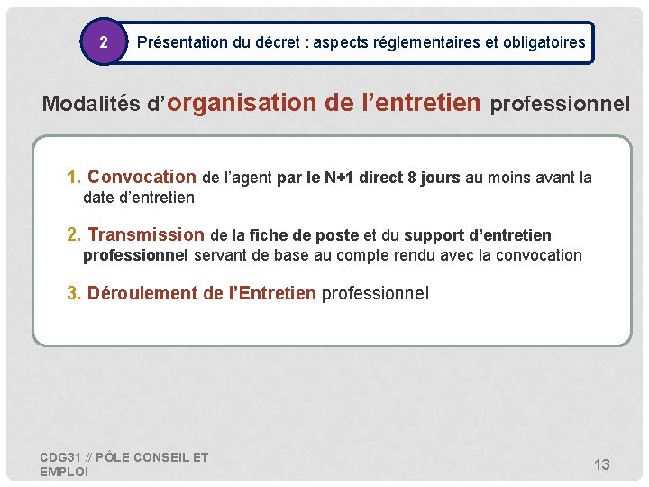 2 • Présentation du décret : aspects réglementaires et obligatoires Modalités d’organisation de l’entretien