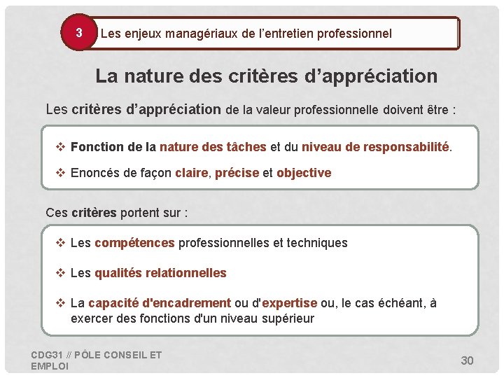 3 • Les enjeux managériaux de l’entretien professionnel La nature des critères d’appréciation Les