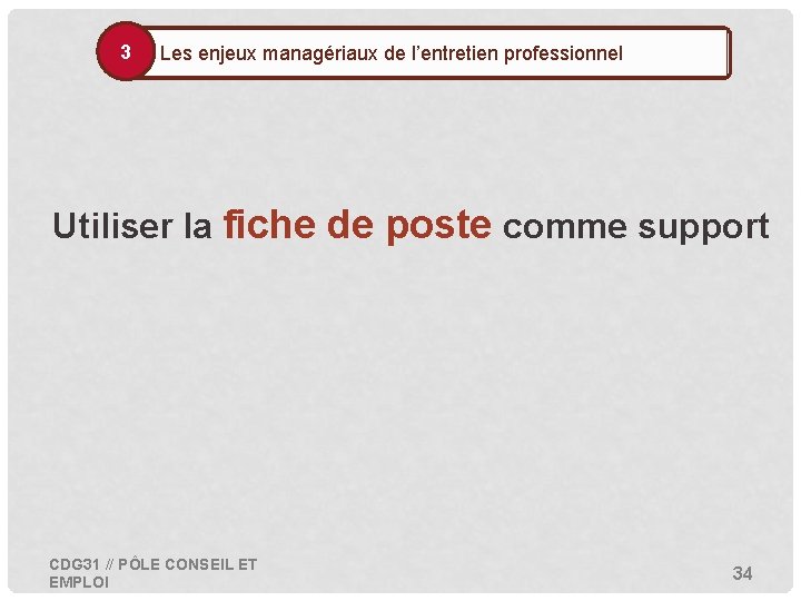 3 • Les enjeux managériaux de l’entretien professionnel Utiliser la fiche de poste comme