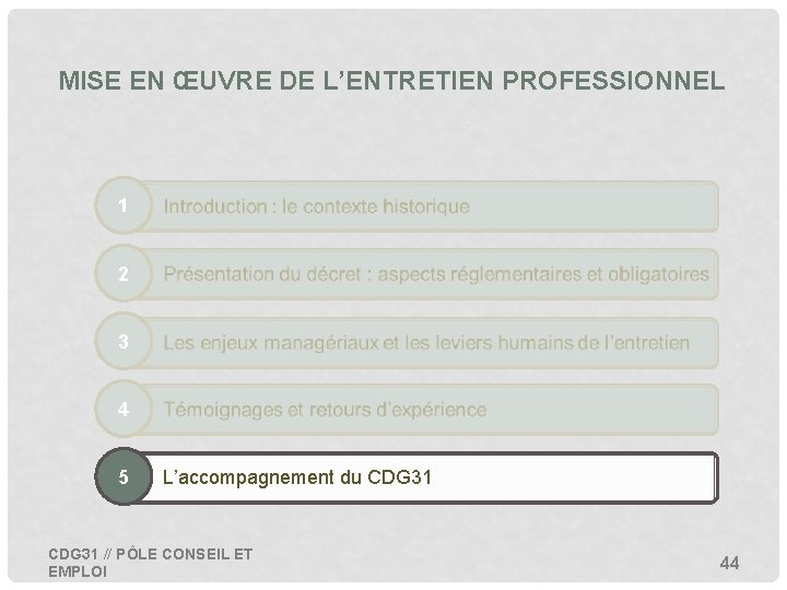 MISE EN ŒUVRE DE L’ENTRETIEN PROFESSIONNEL 1 2 3 4 5 • L’accompagnement du