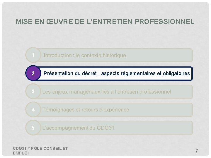 MISE EN ŒUVRE DE L’ENTRETIEN PROFESSIONNEL 1 2 • Présentation du décret : aspects