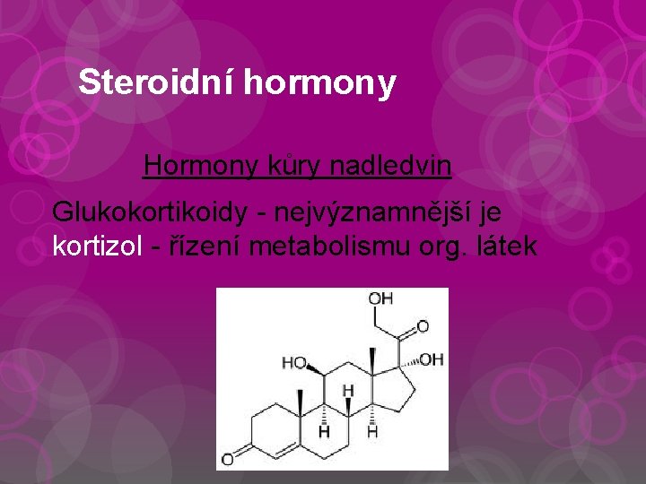Steroidní hormony Hormony kůry nadledvin Glukokortikoidy - nejvýznamnější je kortizol - řízení metabolismu org.