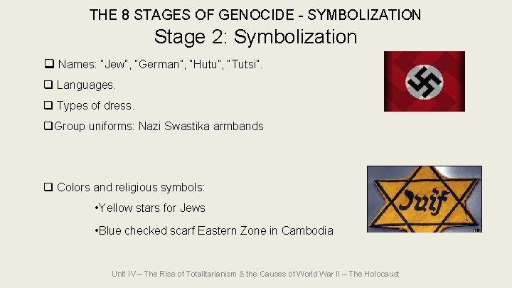 THE 8 STAGES OF GENOCIDE - SYMBOLIZATION Stage 2: Symbolization q Names: “Jew”, “German”, THE 8 STAGES OF GENOCIDE - SYMBOLIZATION Stage 2: Symbolization q Names: “Jew”, “German”,
