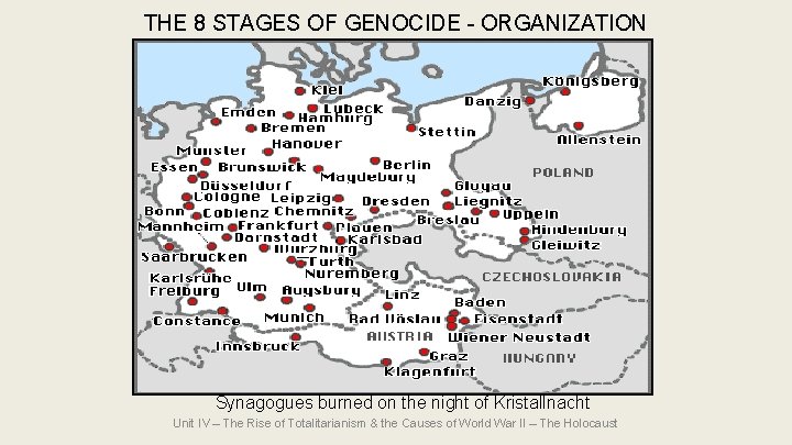 THE 8 STAGES OF GENOCIDE - ORGANIZATION Synagogues burned on the night of Kristallnacht THE 8 STAGES OF GENOCIDE - ORGANIZATION Synagogues burned on the night of Kristallnacht