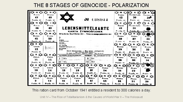 THE 8 STAGES OF GENOCIDE - POLARIZATION This ration card from October 1941 entitled THE 8 STAGES OF GENOCIDE - POLARIZATION This ration card from October 1941 entitled