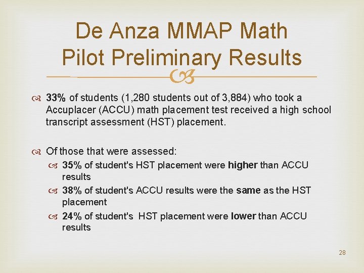 De Anza MMAP Math Pilot Preliminary Results 33% of students (1, 280 students out