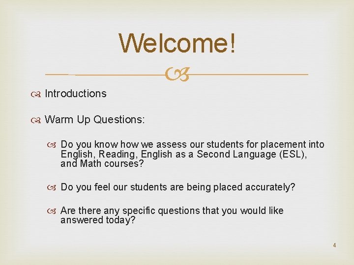 Welcome! Introductions Warm Up Questions: Do you know how we assess our students for