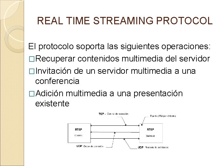 REAL TIME STREAMING PROTOCOL El protocolo soporta las siguientes operaciones: �Recuperar contenidos multimedia del