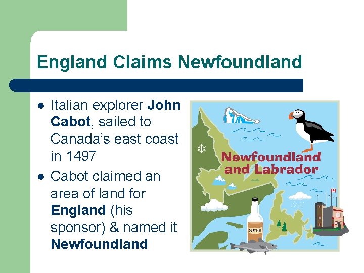 England Claims Newfoundland l l Italian explorer John Cabot, sailed to Canada’s east coast