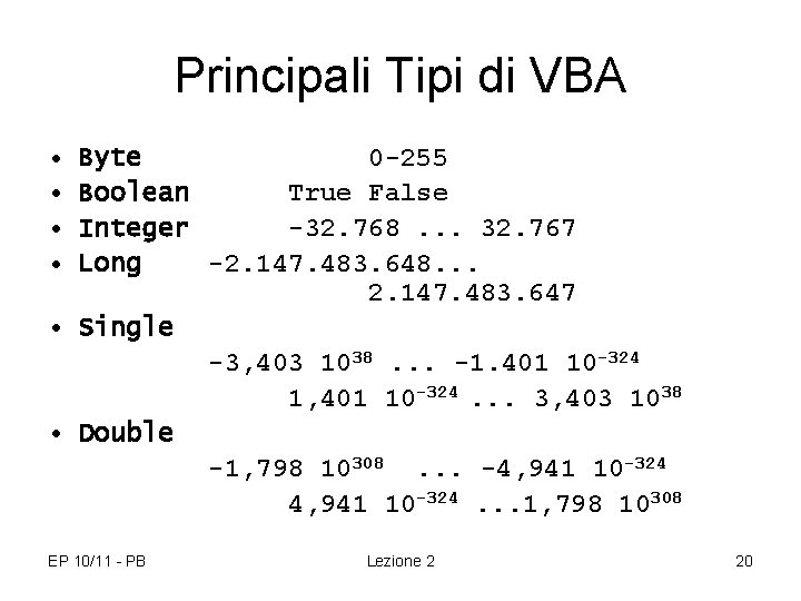 Principali Tipi di VBA Byte 0 -255 Boolean True False Integer -32. 768. .