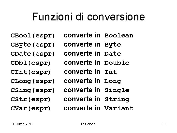 Funzioni di conversione CBool(espr) CByte(espr) CDate(espr) CDbl(espr) CInt(espr) CLong(espr) CSing(espr) CStr(espr) CVar(espr) EP 10/11