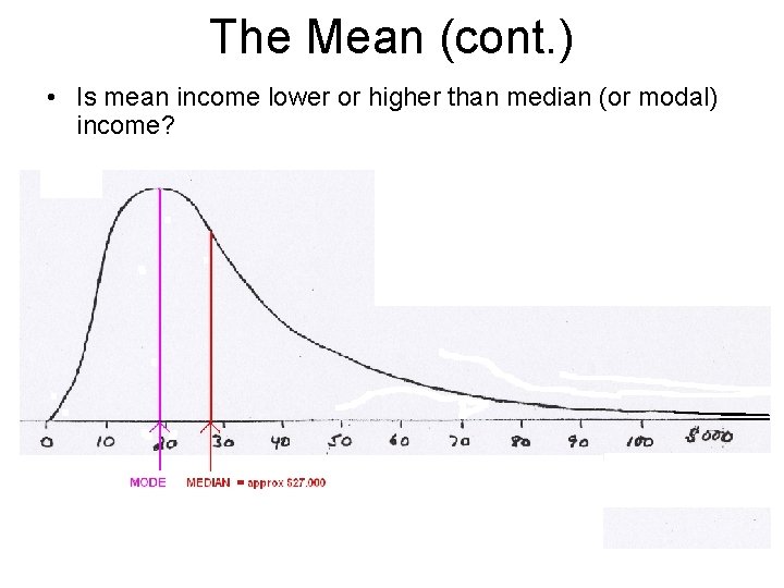 The Mean (cont. ) • Is mean income lower or higher than median (or