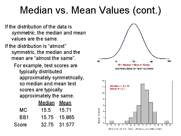 Median vs. Mean Values (cont. ) If the distribution of the data is symmetric,