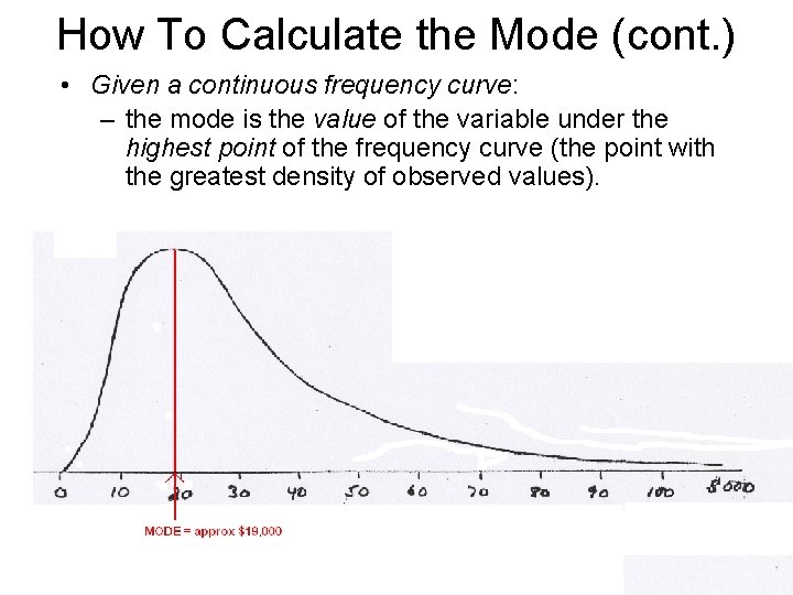 How To Calculate the Mode (cont. ) • Given a continuous frequency curve: –