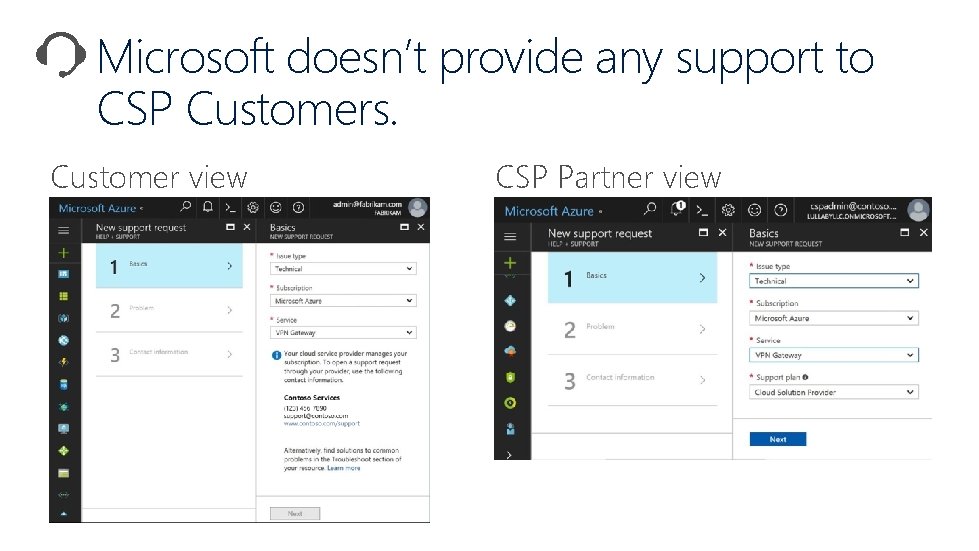 Microsoft doesn’t provide any support to CSP Customers. Customer view CSP Partner view 