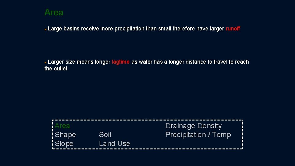 Area Large basins receive more precipitation than small therefore have larger runoff Larger size Area Large basins receive more precipitation than small therefore have larger runoff Larger size