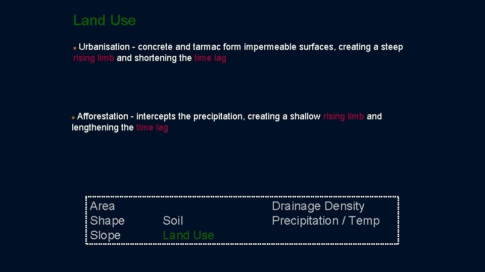 Land Use Urbanisation - concrete and tarmac form impermeable surfaces, creating a steep rising Land Use Urbanisation - concrete and tarmac form impermeable surfaces, creating a steep rising
