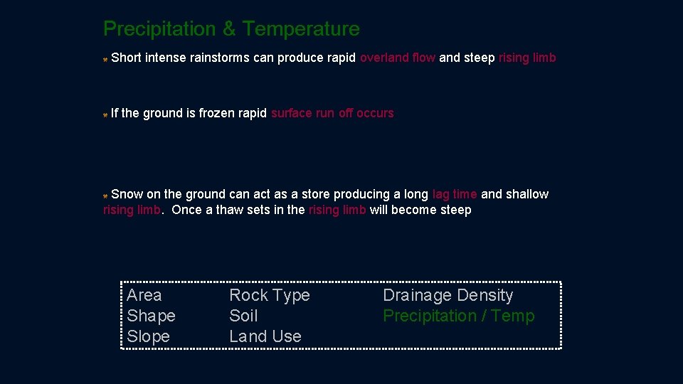 Precipitation & Temperature Short intense rainstorms can produce rapid overland flow and steep rising Precipitation & Temperature Short intense rainstorms can produce rapid overland flow and steep rising