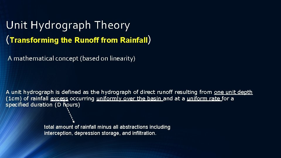 Unit Hydrograph Theory (Transforming the Runoff from Rainfall) A mathematical concept (based on linearity) Unit Hydrograph Theory (Transforming the Runoff from Rainfall) A mathematical concept (based on linearity)