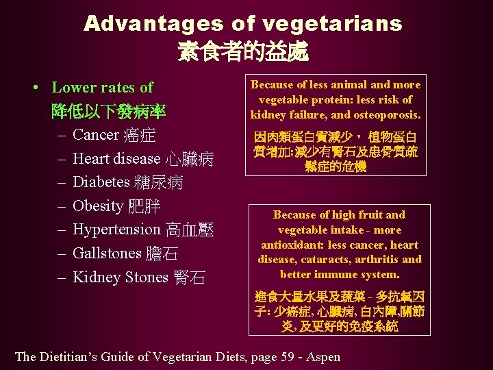 Advantages of vegetarians 素食者的益處 • Lower rates of 降低以下發病率 – Cancer 癌症 – Heart