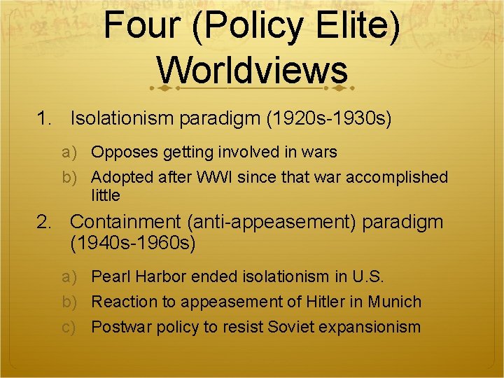 Four (Policy Elite) Worldviews 1. Isolationism paradigm (1920 s-1930 s) a) Opposes getting involved