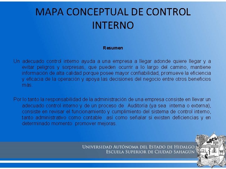 MAPA CONCEPTUAL DE CONTROL INTERNO Resumen Un adecuado control interno ayuda a una empresa