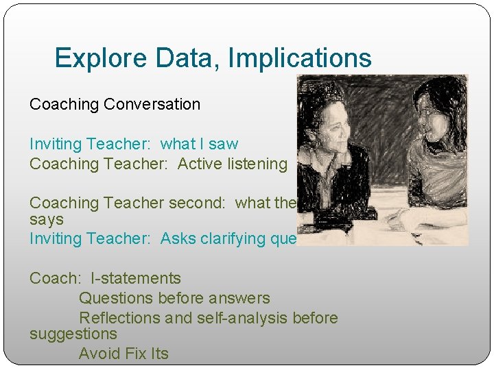 Explore Data, Implications Coaching Conversation Inviting Teacher: what I saw Coaching Teacher: Active listening