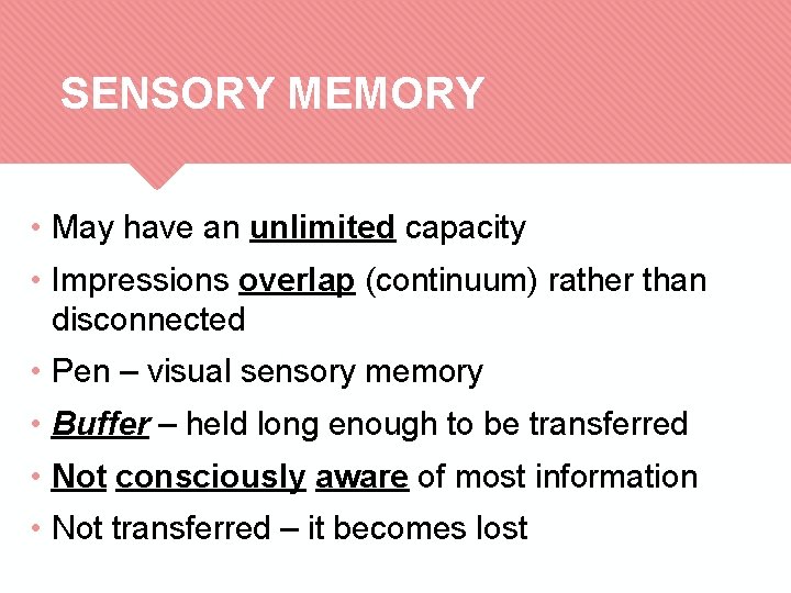 SENSORY MEMORY • May have an unlimited capacity • Impressions overlap (continuum) rather than