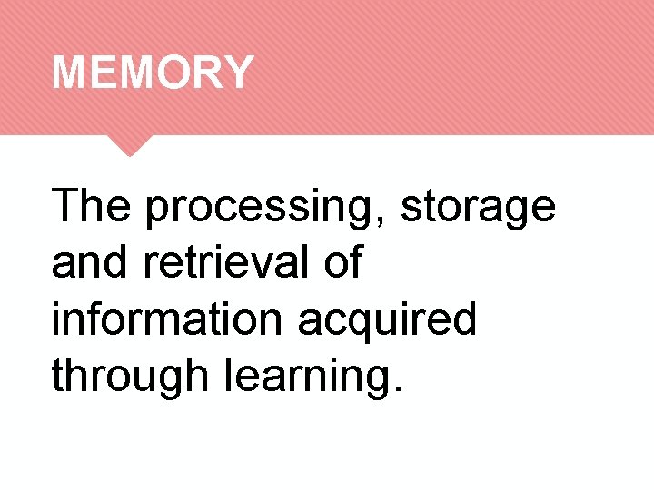 MEMORY The processing, storage and retrieval of information acquired through learning. 