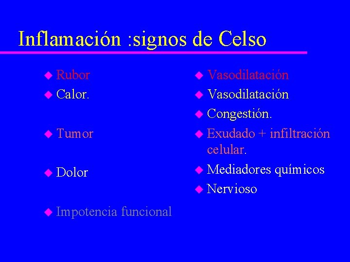 Inflamación : signos de Celso u Rubor u Vasodilatación u Calor. u Vasodilatación u