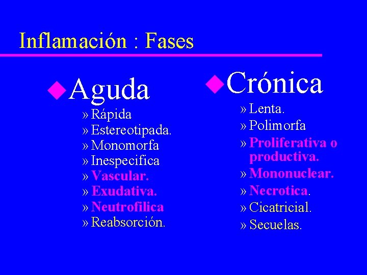 Inflamación : Fases u. Aguda » Rápida » Estereotipada. » Monomorfa » Inespecifica »