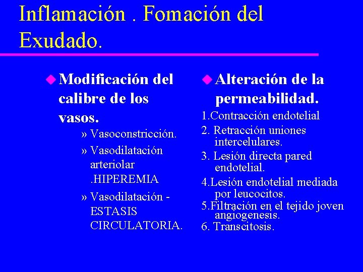 Inflamación. Fomación del Exudado. u Modificación del calibre de los vasos. » Vasoconstricción. »