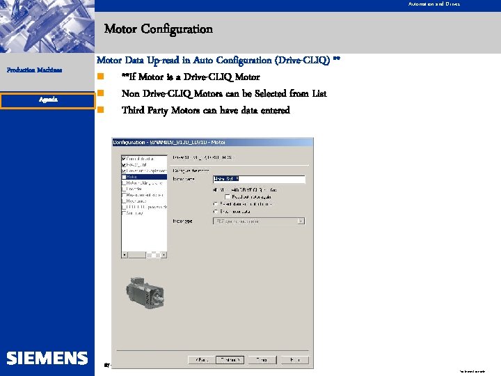 Automation and Drives Motor Configuration Production Machines Agenda Motor Data Up-read in Auto Configuration