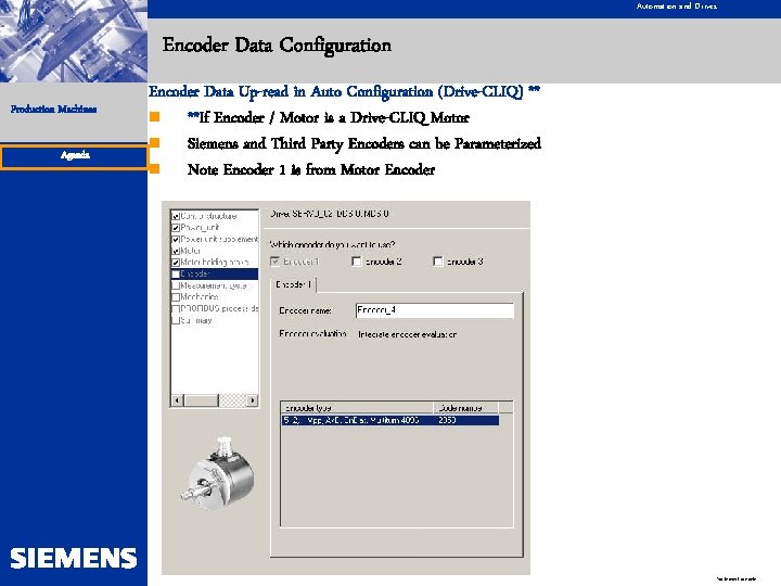 Automation and Drives Encoder Data Configuration Production Machines Agenda Encoder Data Up-read in Auto