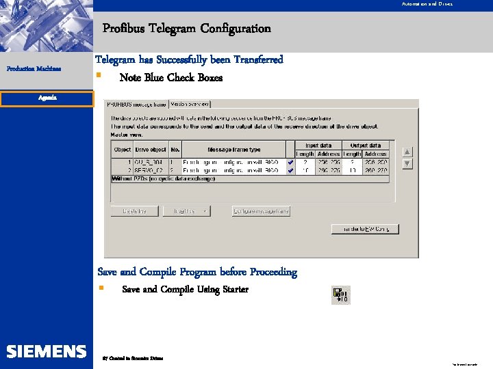 Automation and Drives Profibus Telegram Configuration Production Machines Telegram has Successfully been Transferred §