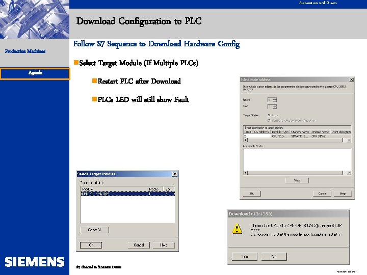 Automation and Drives Download Configuration to PLC Production Machines Agenda Follow S 7 Sequence