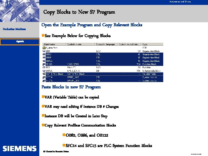 Automation and Drives Copy Blocks to New S 7 Program Production Machines Agenda Open