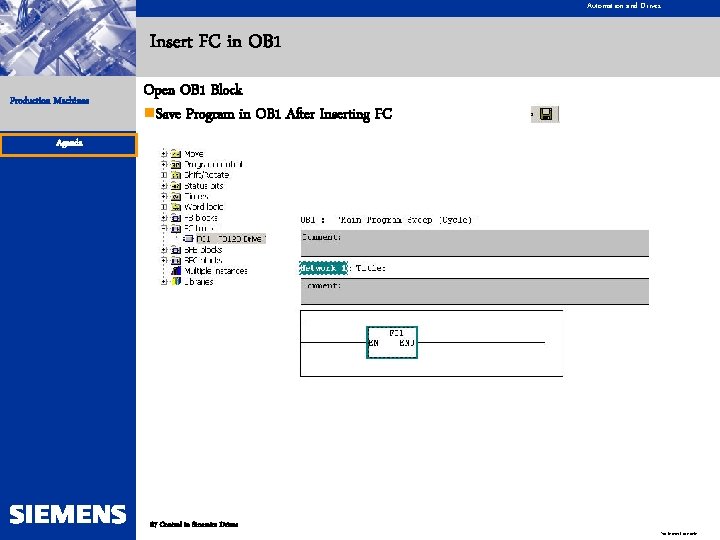 Automation and Drives Insert FC in OB 1 Production Machines Open OB 1 Block