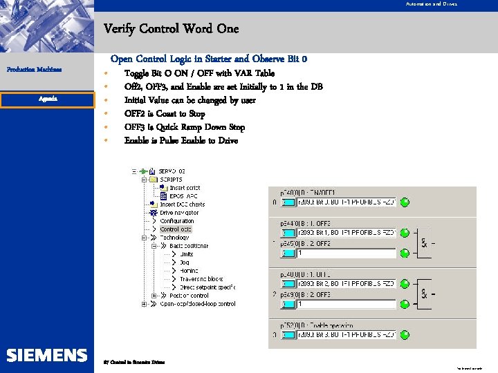 Automation and Drives Verify Control Word One Production Machines Agenda • • • Open