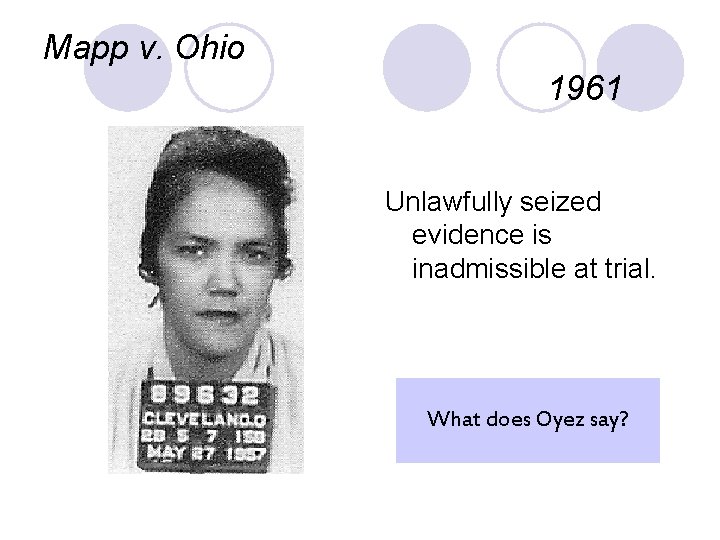 Mapp v. Ohio 1961 Unlawfully seized evidence is inadmissible at trial. What does Oyez