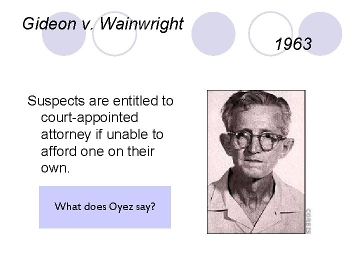 Gideon v. Wainwright 1963 Suspects are entitled to court-appointed attorney if unable to afford