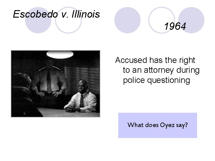 Escobedo v. Illinois 1964 Accused has the right to an attorney during police questioning