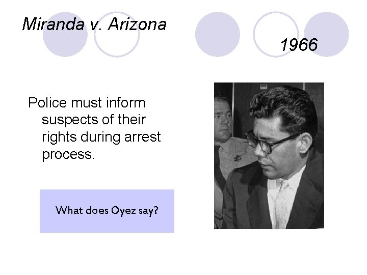 Miranda v. Arizona 1966 Police must inform suspects of their rights during arrest process.