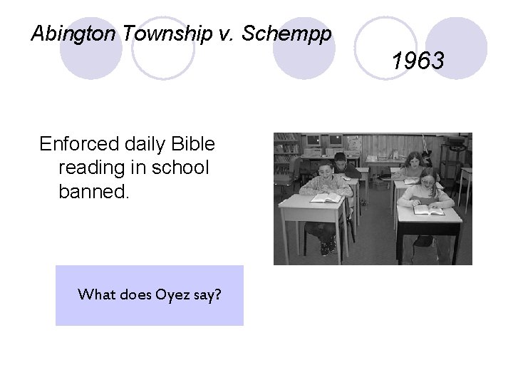 Abington Township v. Schempp 1963 Enforced daily Bible reading in school banned. What does