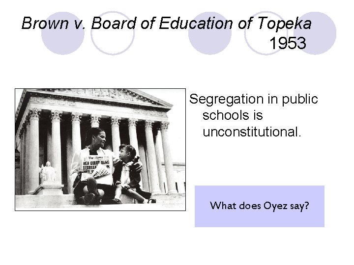 Brown v. Board of Education of Topeka 1953 Segregation in public schools is unconstitutional.
