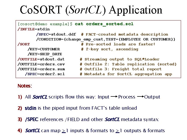 Co. SORT (Sort. CL) Application [cosort@demo example]$ cat orders_sorted. scl /INFILE=stdin /SPEC=stdout. ddf #