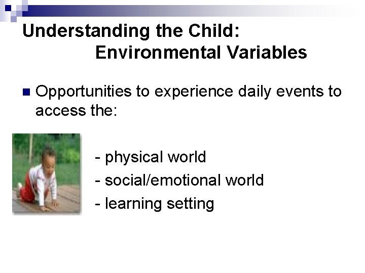 Understanding the Child: Environmental Variables n Opportunities to experience daily events to access the: