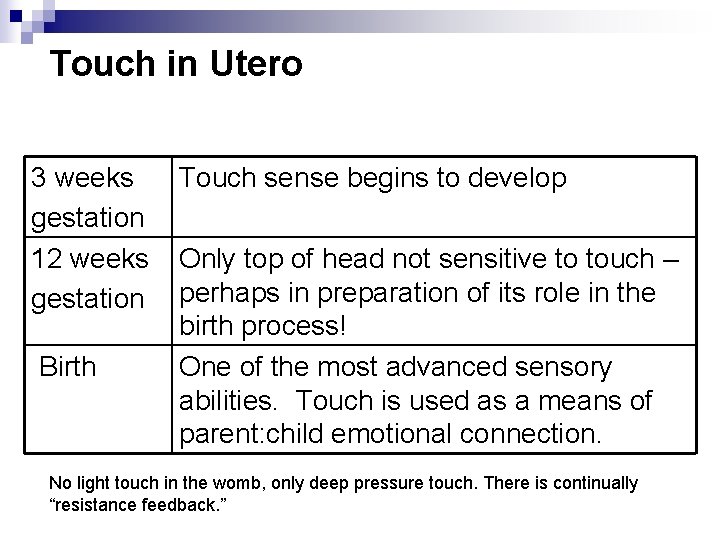 Touch in Utero 3 weeks gestation 12 weeks gestation Birth Touch sense begins to