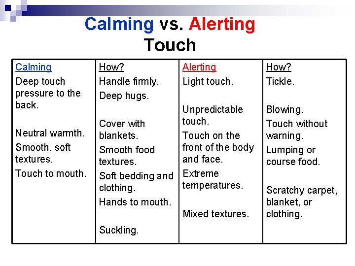 Calming vs. Alerting Touch Calming Deep touch pressure to the back. Neutral warmth. Smooth,